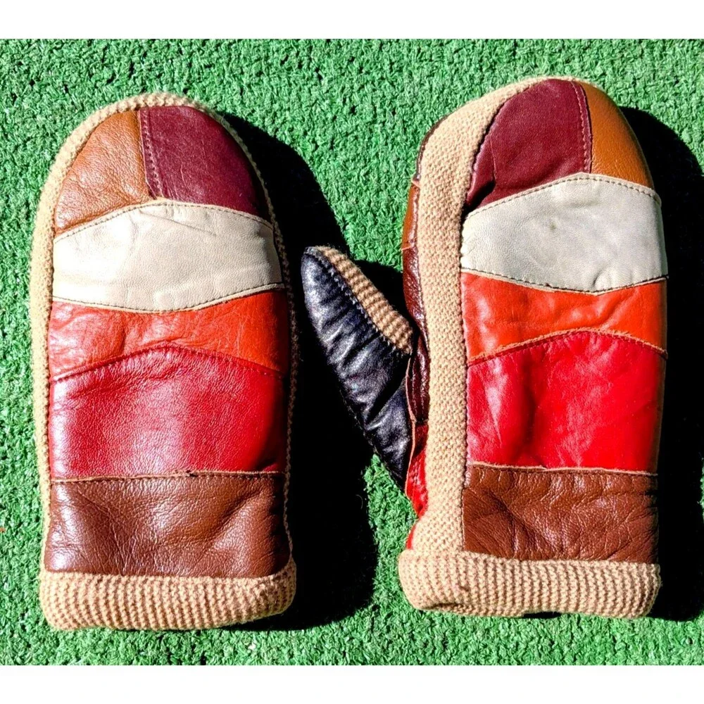 Leather Patchwork w/Knit Acrylic Vintage 1960's Petite Medium Mittens Set EUC